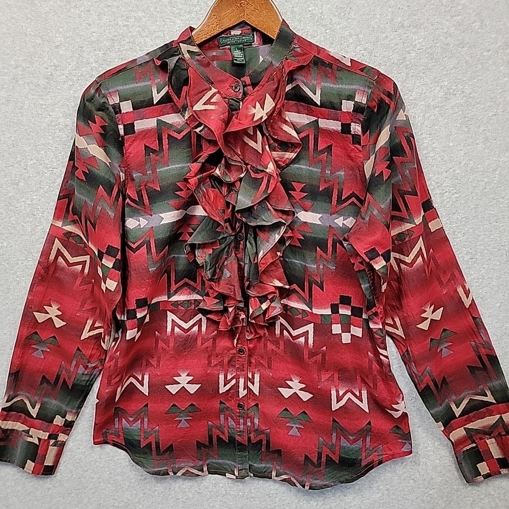 Lauren Ralph Lauren Womens Sz L Red Aztec Southwestern Print Top Blouse Ruffle
